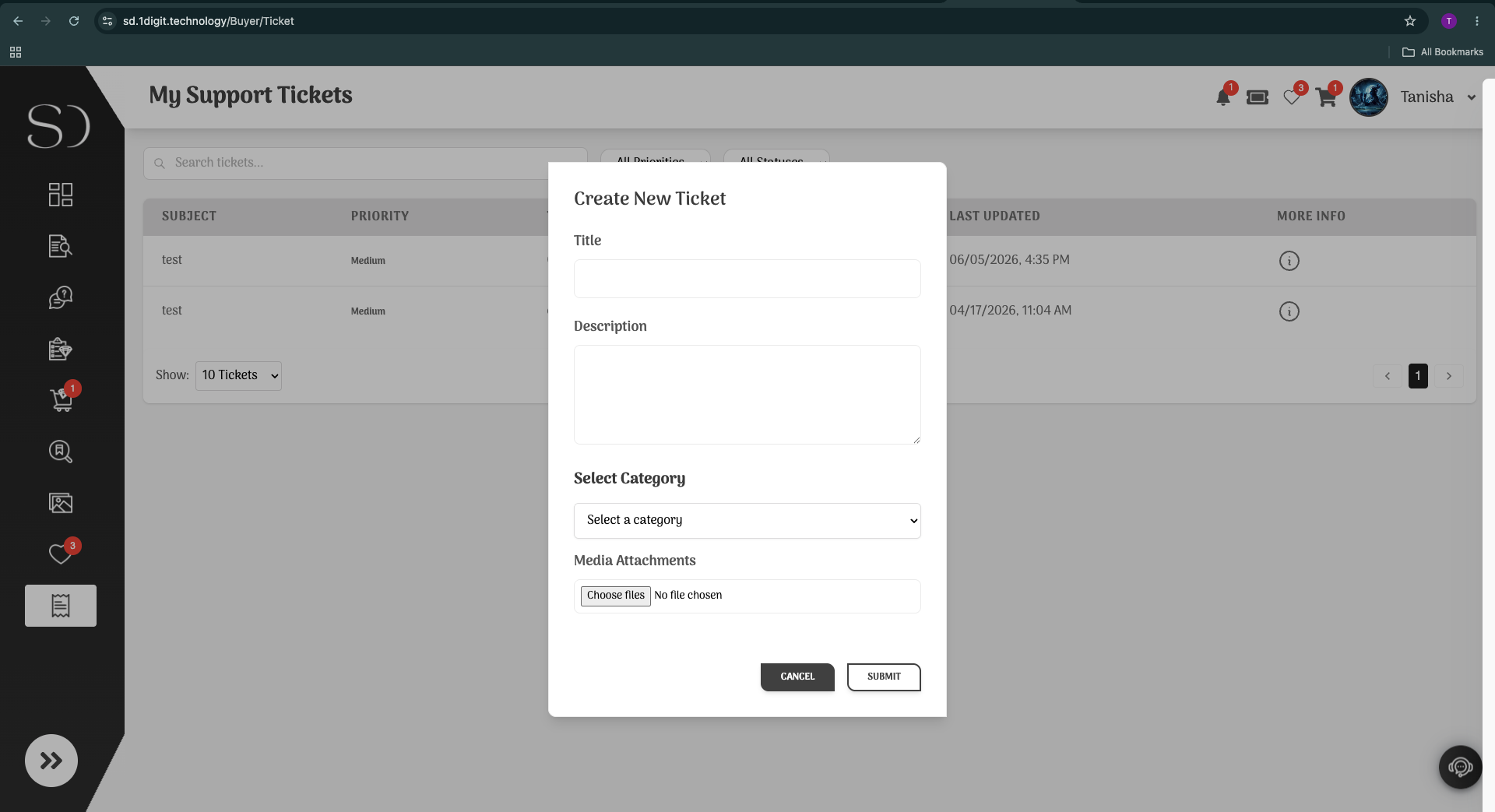 Communicate with Admin Through Tickets screen