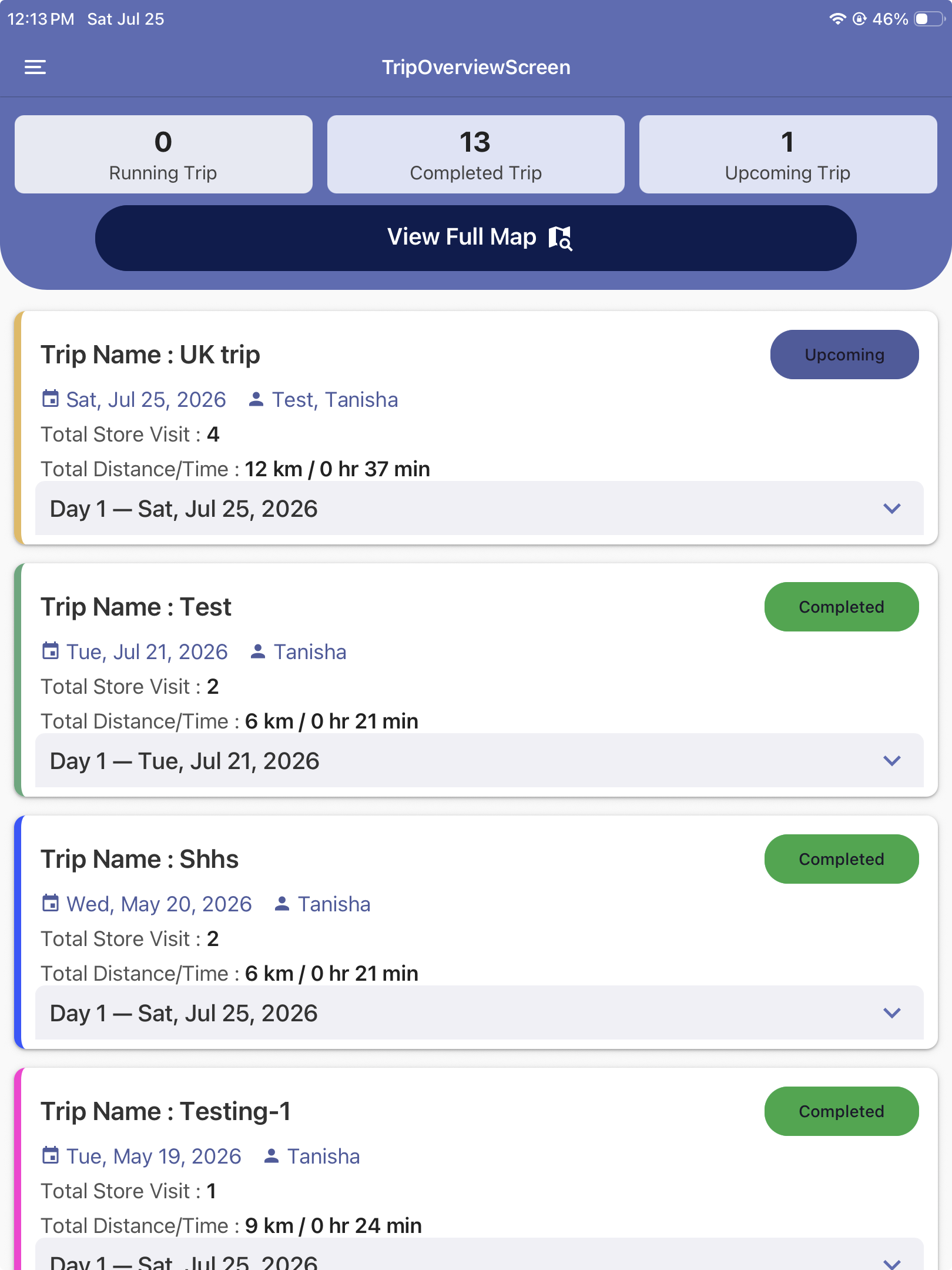 All trips mobile application screen