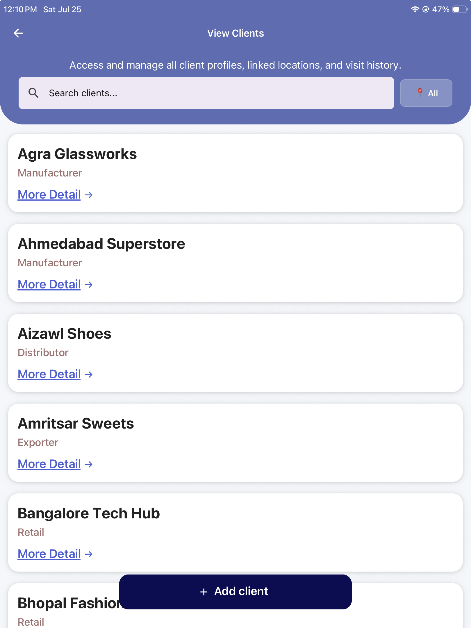 Client records mobile application screen