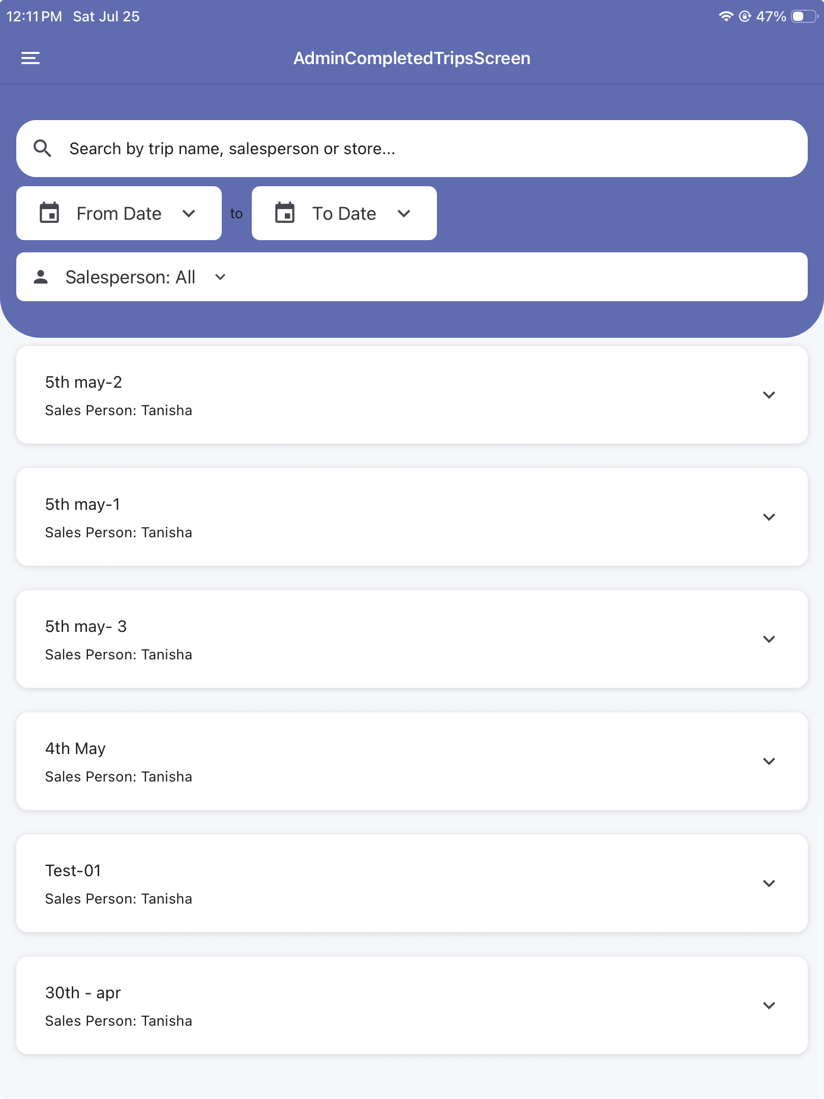 Completed trips mobile application screen
