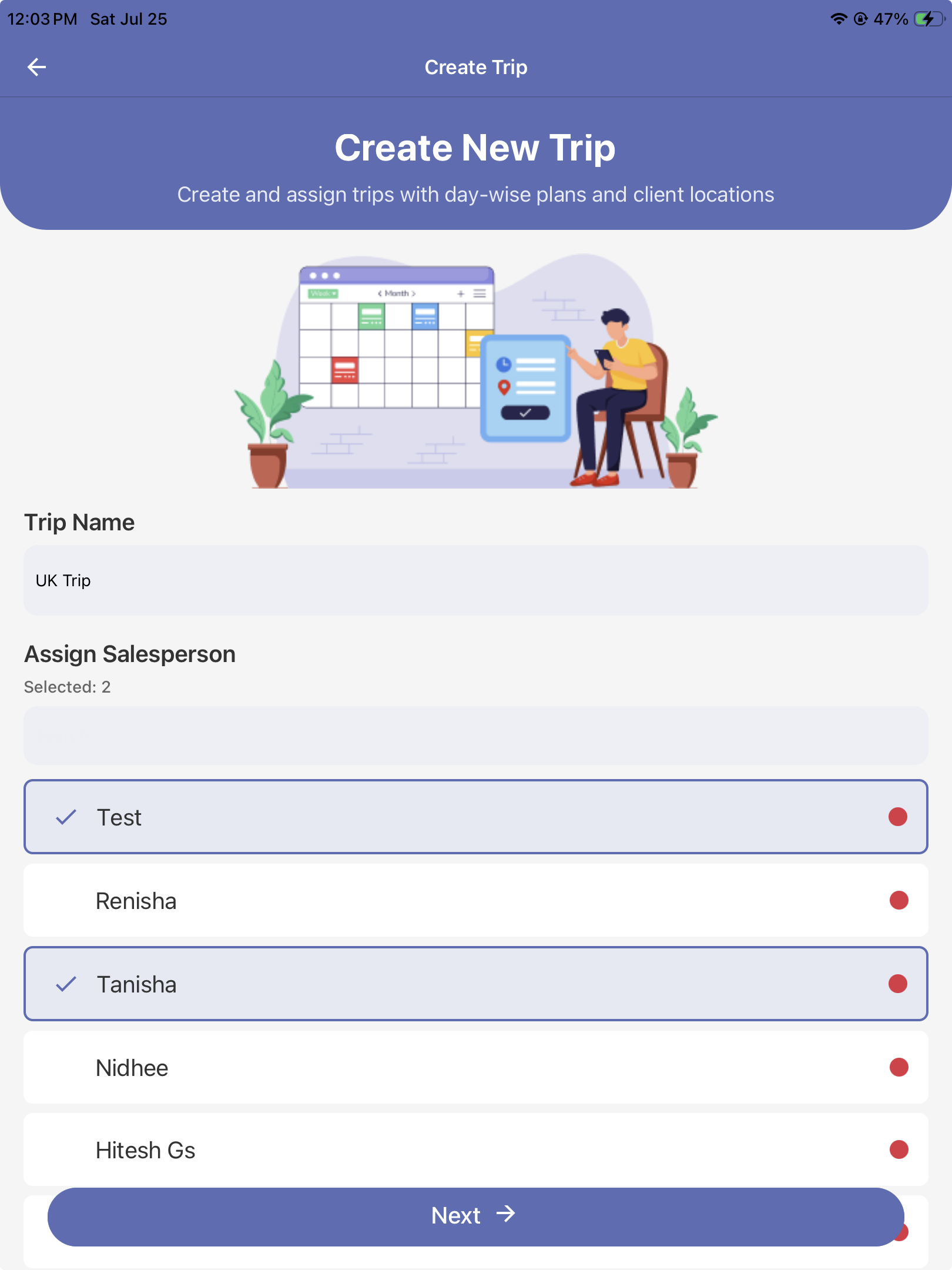 Schedule the route mobile application screen