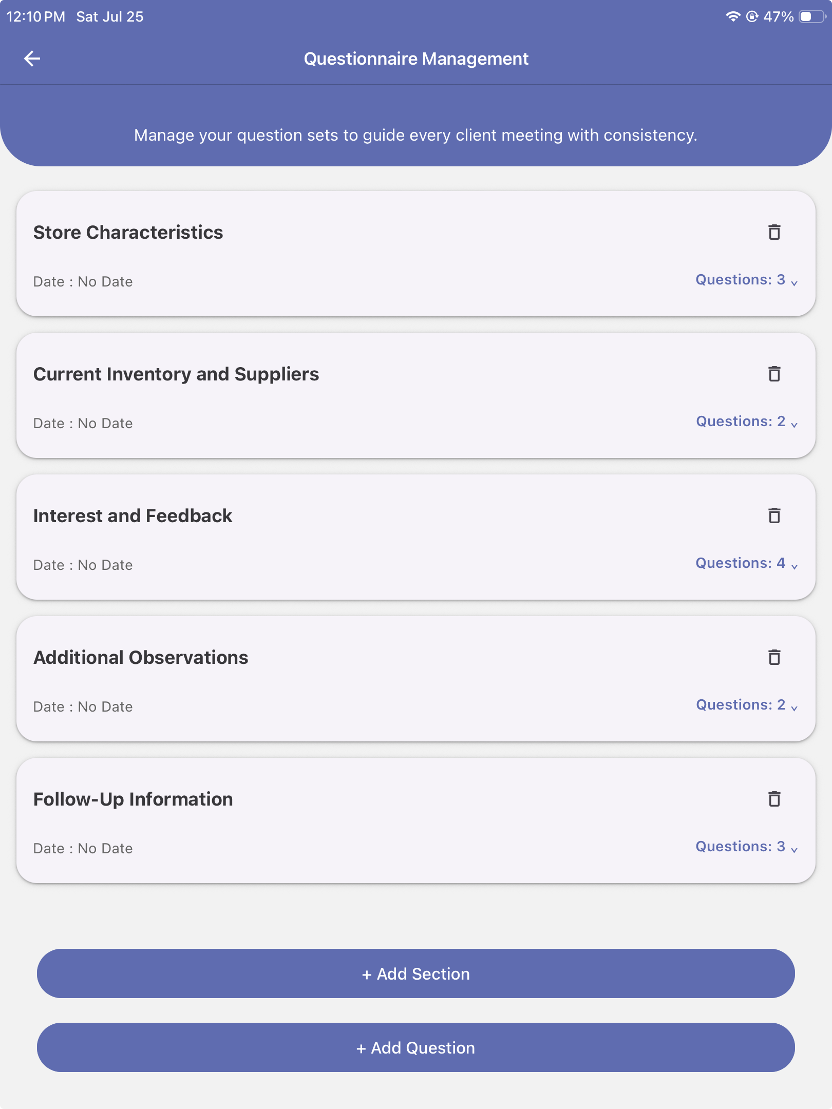 Manage questions mobile application screen